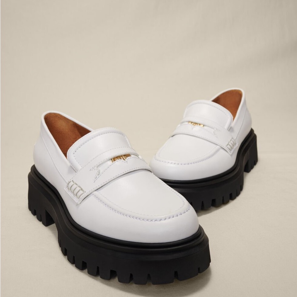 NIB Maje Leather Platform Loafers White Black Preppy Academia US 9.5 FR 40